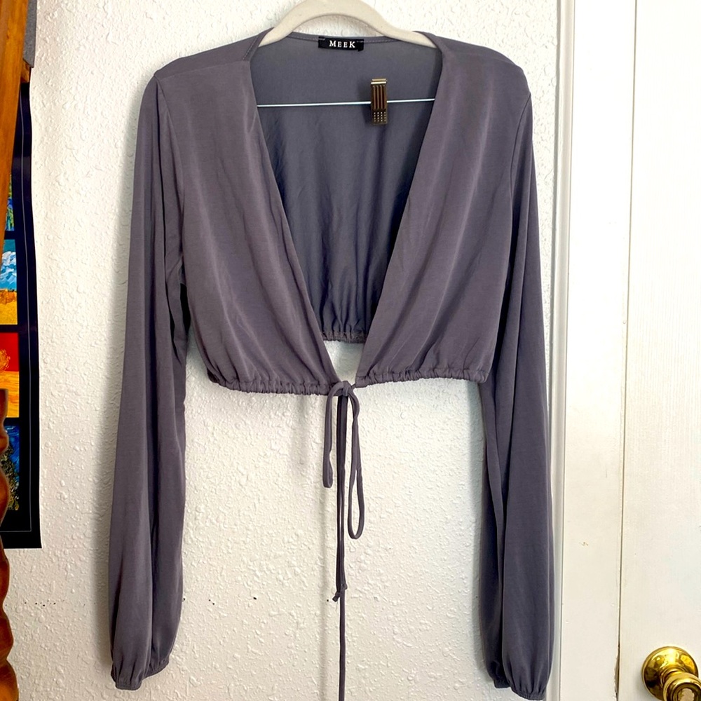 vintage tie front long sleeve cropped blouse in slate grey